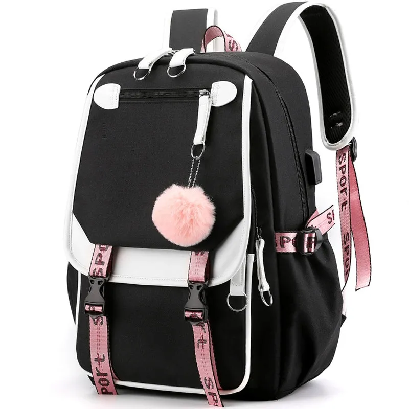 Kids USB School Backpacks - Black Pink Blue Book Bags For Boys Girls Middle School Students Outdoor Daypack