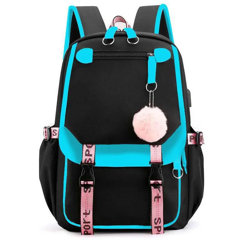 Kids USB School Backpacks - Black Pink Blue Book Bags For Boys Girls Middle School Students Outdoor Daypack