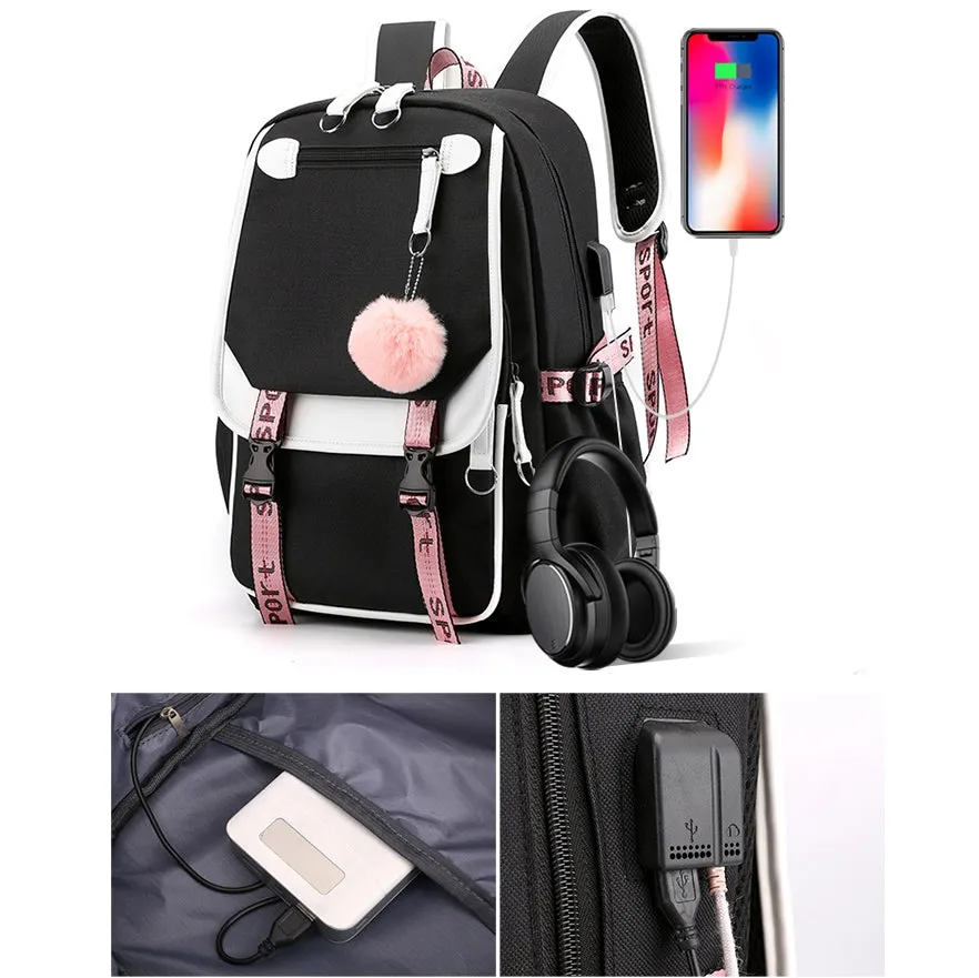 Kids USB School Backpacks - Black Pink Blue Book Bags For Boys Girls Middle School Students Outdoor Daypack