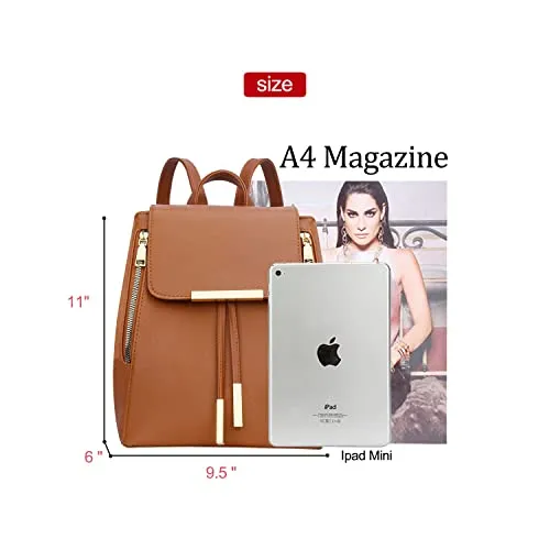 KKXIU Multipocket Fashion PU Leather Backpack Purse for Women Girls Ladies Shoulder Travel Daypacks Bags (A-brown)