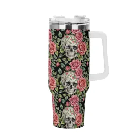 Pink Skulls 40oz Stainless Steel Tumbler Gift With White Handle and Straw