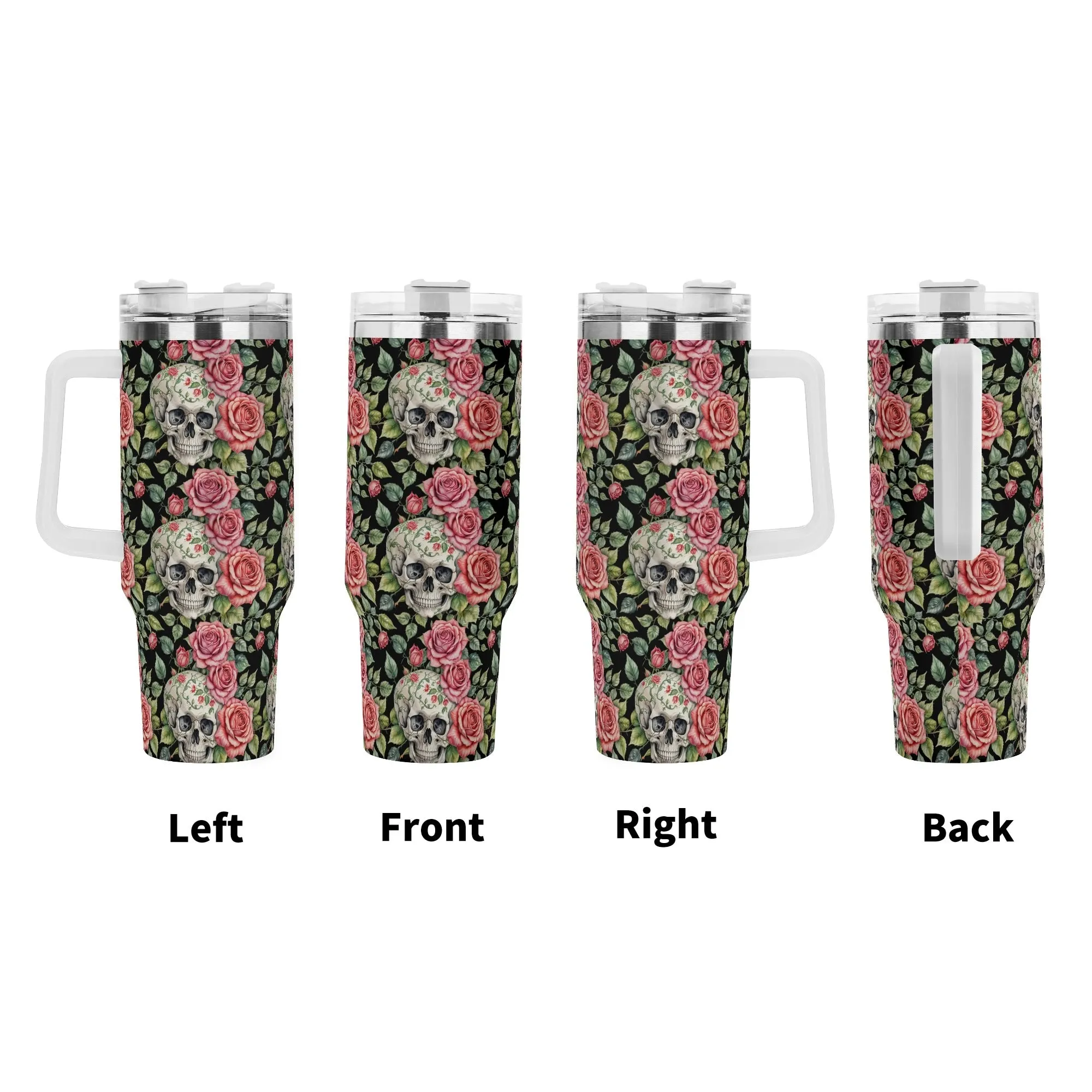 Pink Skulls 40oz Stainless Steel Tumbler Gift With White Handle and Straw