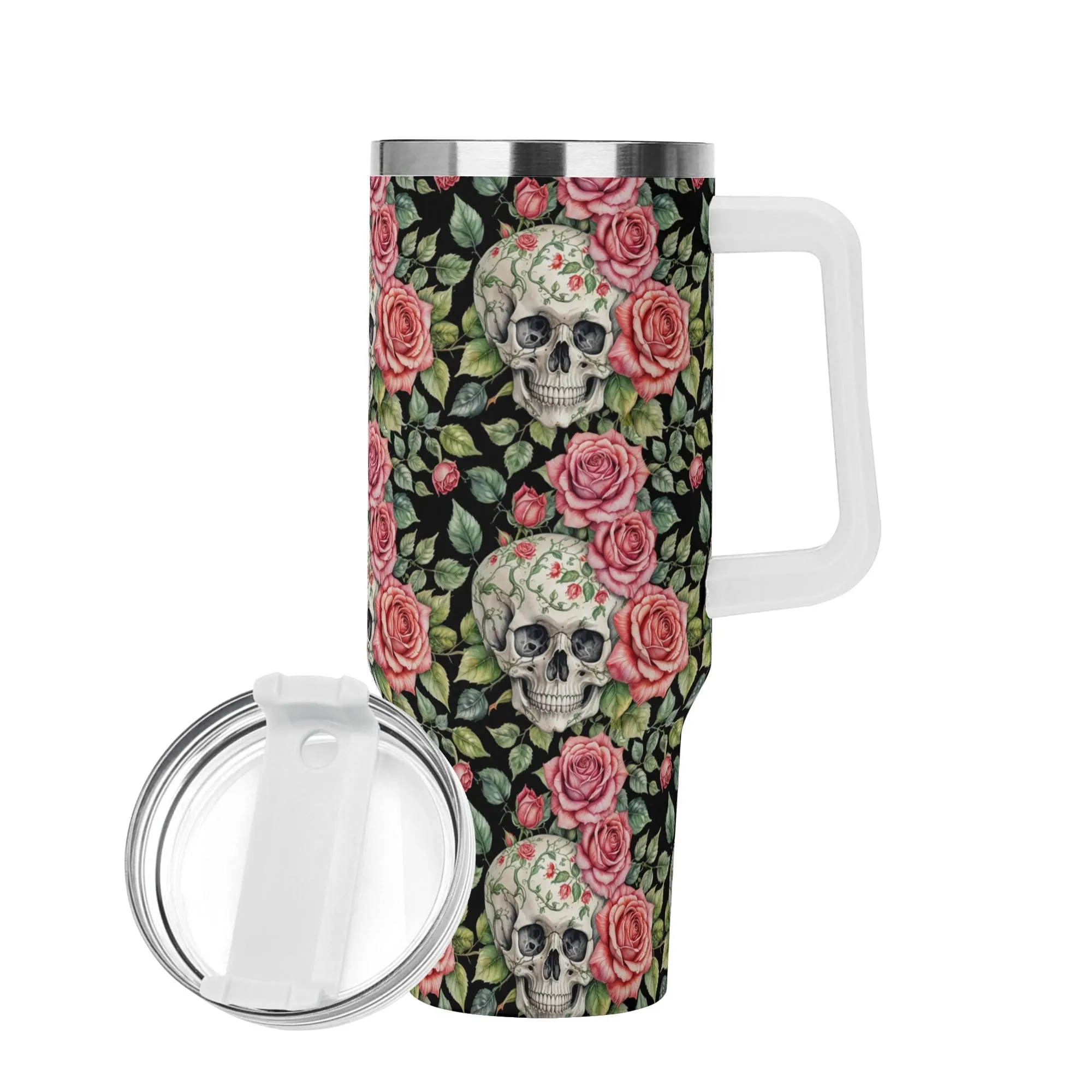 Pink Skulls 40oz Stainless Steel Tumbler Gift With White Handle and Straw