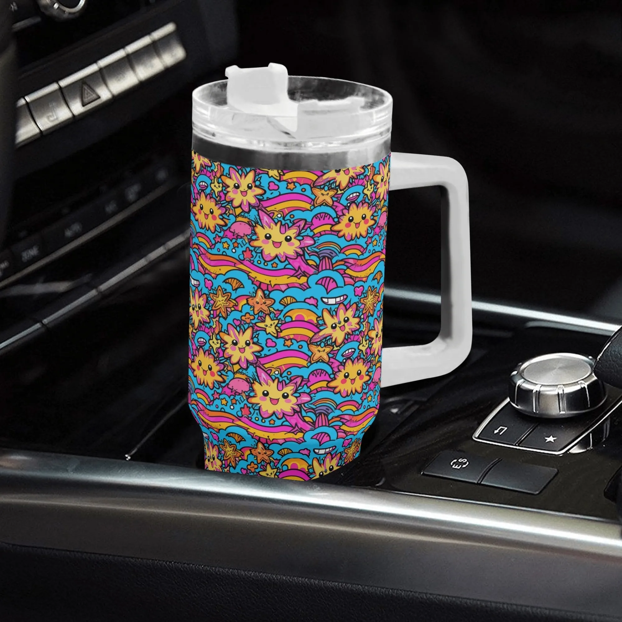 Squish Stars 40oz Stainless Steel Tumbler Gift With White Handle and Straw