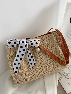 Twilly Scarf & Faux Pearl Decor Straw Bag