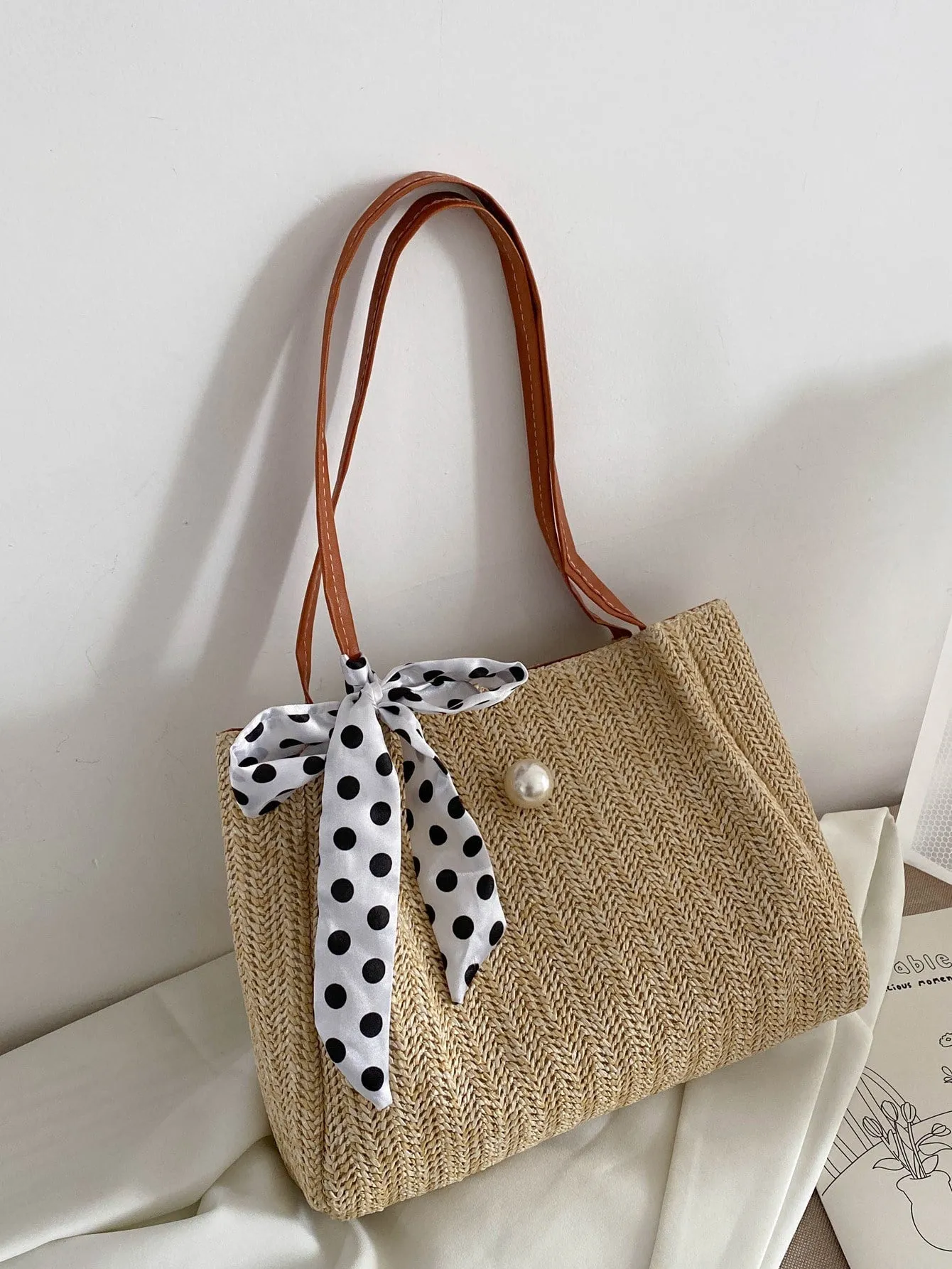 Twilly Scarf & Faux Pearl Decor Straw Bag