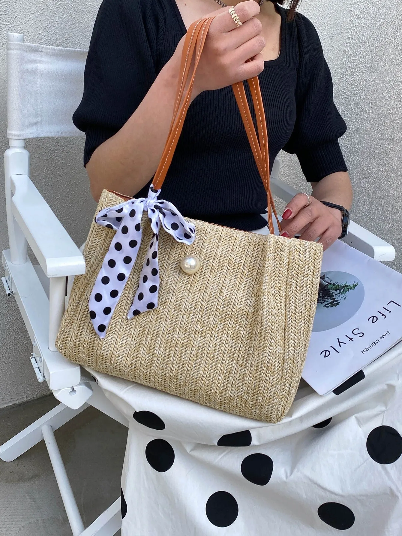 Twilly Scarf & Faux Pearl Decor Straw Bag