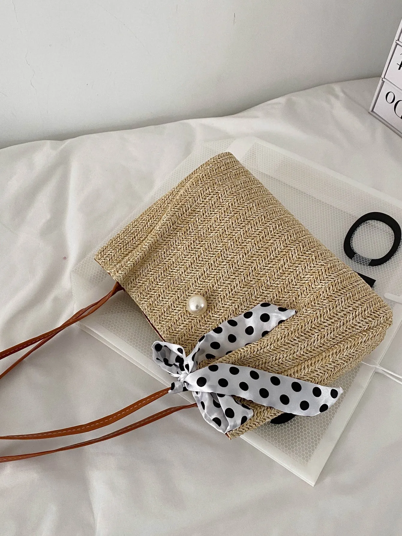 Twilly Scarf & Faux Pearl Decor Straw Bag