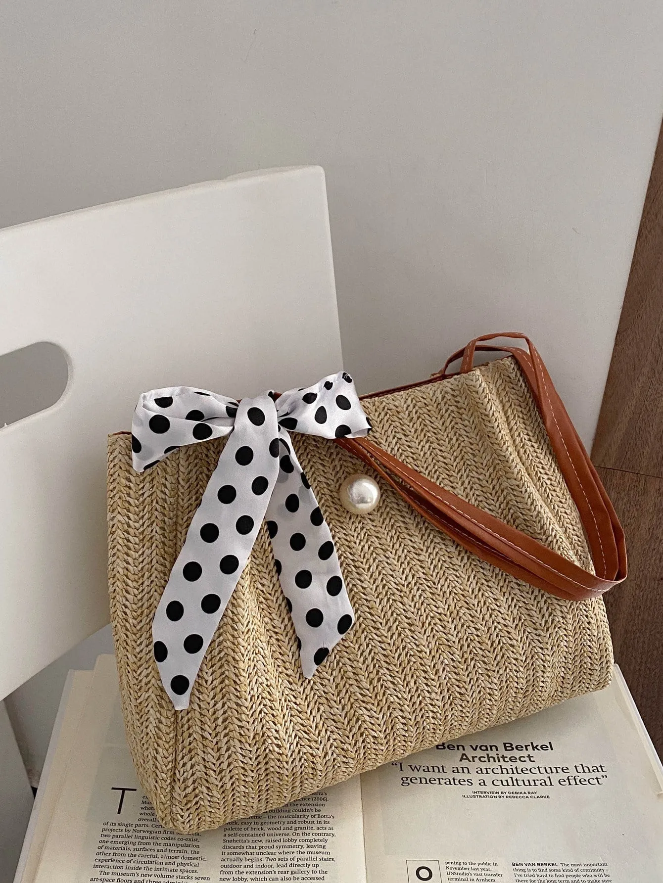 Twilly Scarf & Faux Pearl Decor Straw Bag