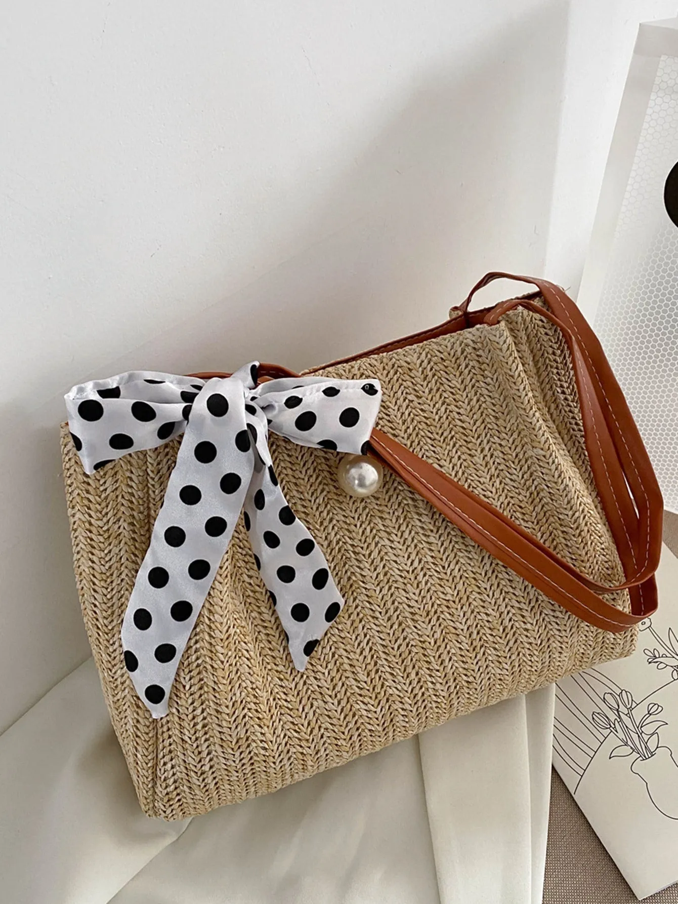 Twilly Scarf & Faux Pearl Decor Straw Bag