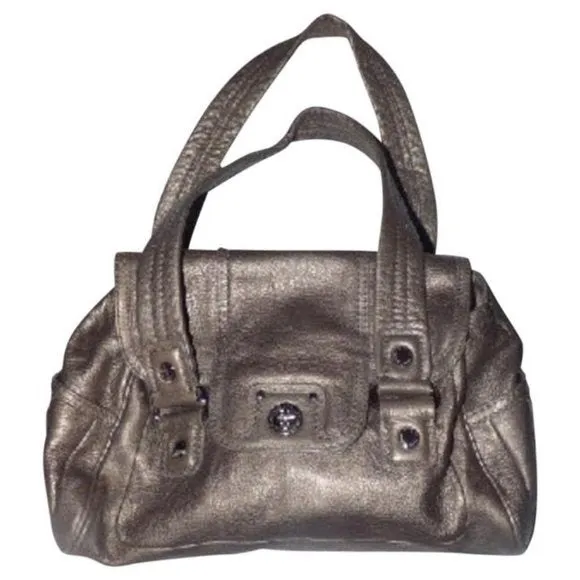Vintage, Marc Jacobs, metallic pewter leather, two handle, satchel with bold chrome accents and lots of compartments